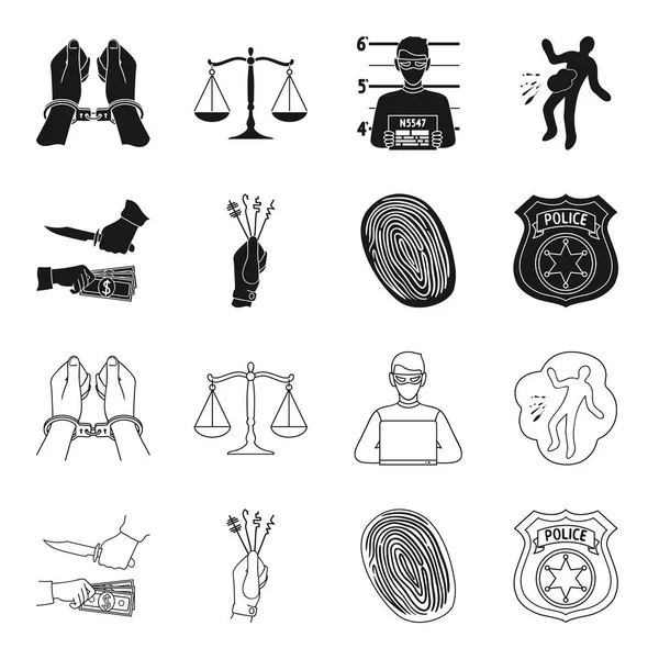 Attaque de vol, empreinte digitale, badge de policier, pickpockets.Crime ensemble icônes de la collection en noir, contour de style vectoriel symbole illustration web . — Image vectorielle