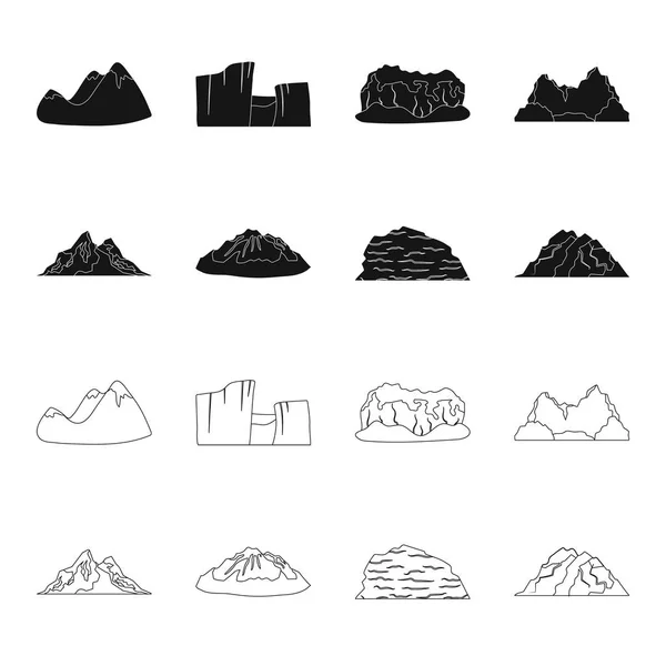 Montañas en el desierto, un pico nevado, una isla con un glaciar, una montaña nevada. Diferentes montañas set colección iconos en negro, contorno estilo vector símbolo stock ilustración web . — Vector de stock