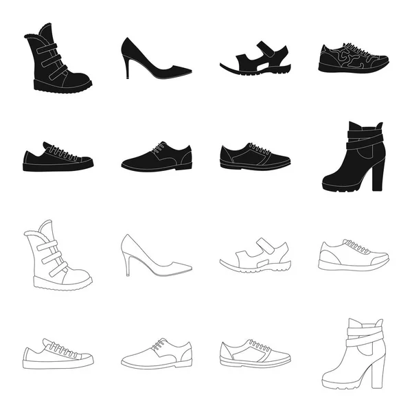 Eine Reihe von Symbolen auf einer Vielzahl von Schuhen. Verschiedene Schuhe einzigen Symbol in schwarz, umreißen Stil Vektor Web-Symbol Stock Illustration. — Stockvektor