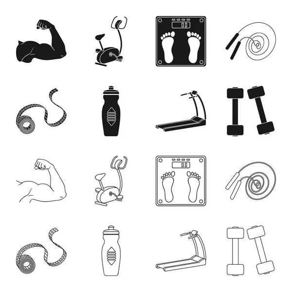Měřicí pásky, láhev s vodou, běžící pás, činky. Fitness sada kolekce ikon v černé, osnovy styl vektor symbol akcií ilustrace web. — Stockový vektor