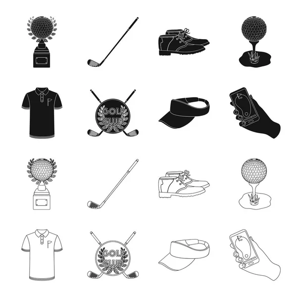 Emblema del club de golf, gorra con visera, camisa de golfista, teléfono con un navegador.Golf club set colección iconos en negro, contorno estilo vector símbolo stock ilustración web . — Vector de stock