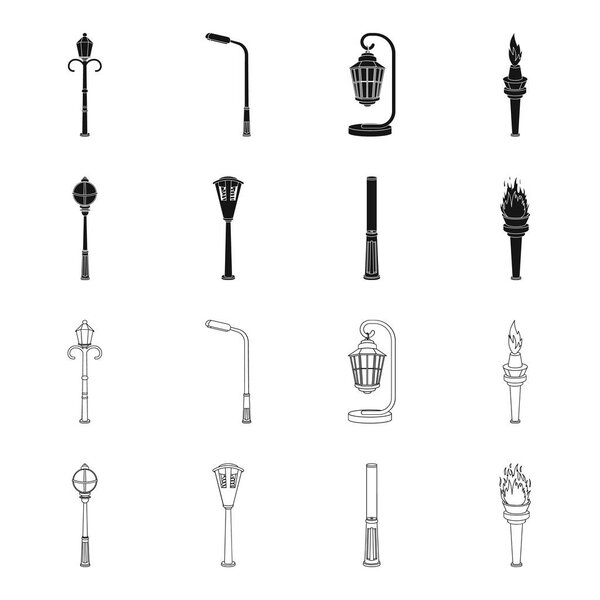 Lamppost in retro style, modern lantern, torch and other types of streetlights. Lamppost set collection icons in black,outline style vector symbol stock illustration web.