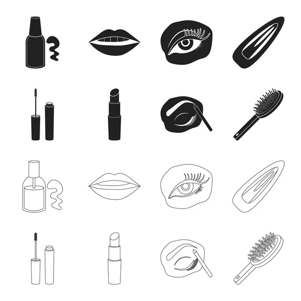 Mascara, hairbrush, lipstick, eyebrow pencil,Makeup set collection icons in black,outline style vector symbol stock illustration web. — Stock Vector