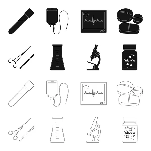 Une banque de vitamines, une fiole avec une solution et d'autres équipements.Ensemble de médicaments icônes de la collection en noir, contour de style vectoriel symbole illustration web . — Image vectorielle