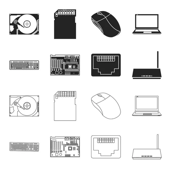 Klavye, yönlendirici, anakart ve bağlayıcı. Kişisel bilgisayar toplama simgeler siyah, anahat stili vektör simge stok çizim web içinde ayarla.. — Stok Vektör