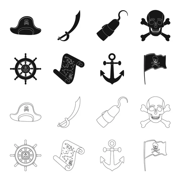 Pirata, bandido, timón, bandera .Pirates conjunto de iconos de colección en negro, contorno estilo vector símbolo stock ilustración web . — Vector de stock