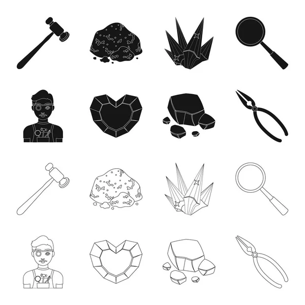 Joyero, alicates, mineral de oro, granate en forma de corazón. Conjunto de joyas y minerales preciosos iconos de la colección en negro, contorno estilo vector símbolo stock ilustración web . — Vector de stock