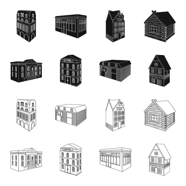 Het museumgebouw, een drie verdiepingen tellende hotel, een stabiel op de renbaan, een residentiële huisje. Architectuur en bouw set collectie iconen in zwart, overzicht stijl vector symbool stock illustratie web — Stockvector