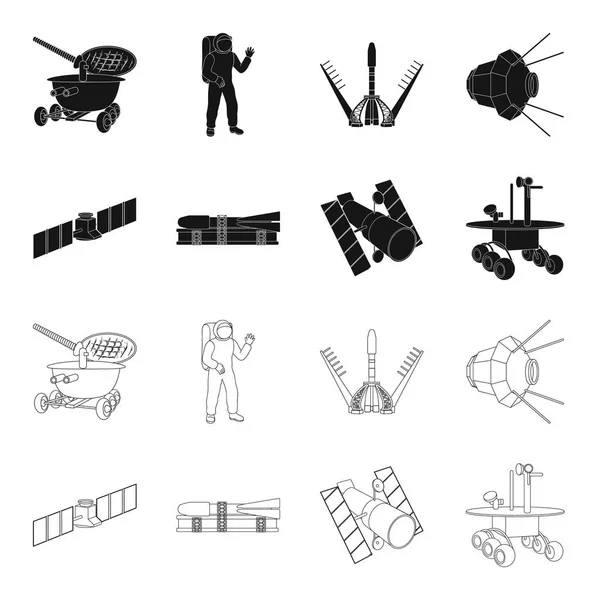 La stazione spaziale in orbita, la preparazione del razzo di lancio, il rover lunare sulla superficie. Tecnologia spaziale set icone di raccolta in nero, contorno stile vettore simbolo stock illustrazione web . — Vettoriale Stock