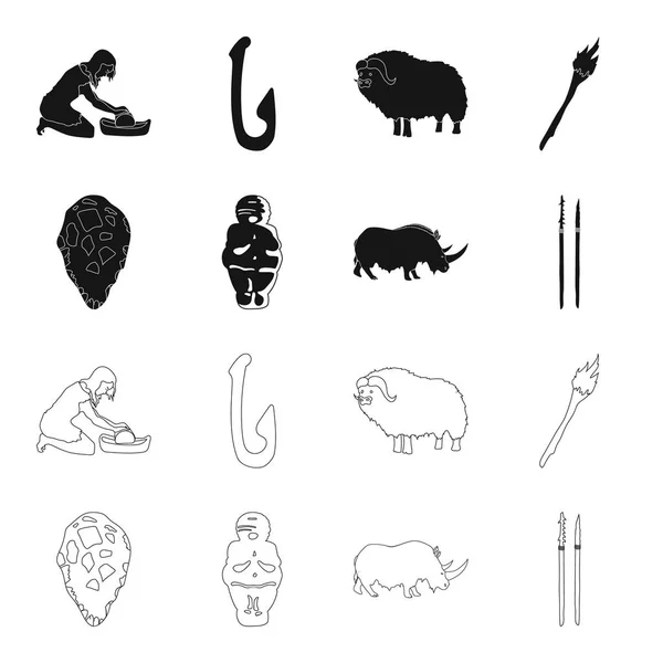 Primitivo, mujer, hombre, ganado. Iconos de colección conjunto de edad de piedra en negro, contorno estilo vector símbolo stock ilustración web . — Vector de stock