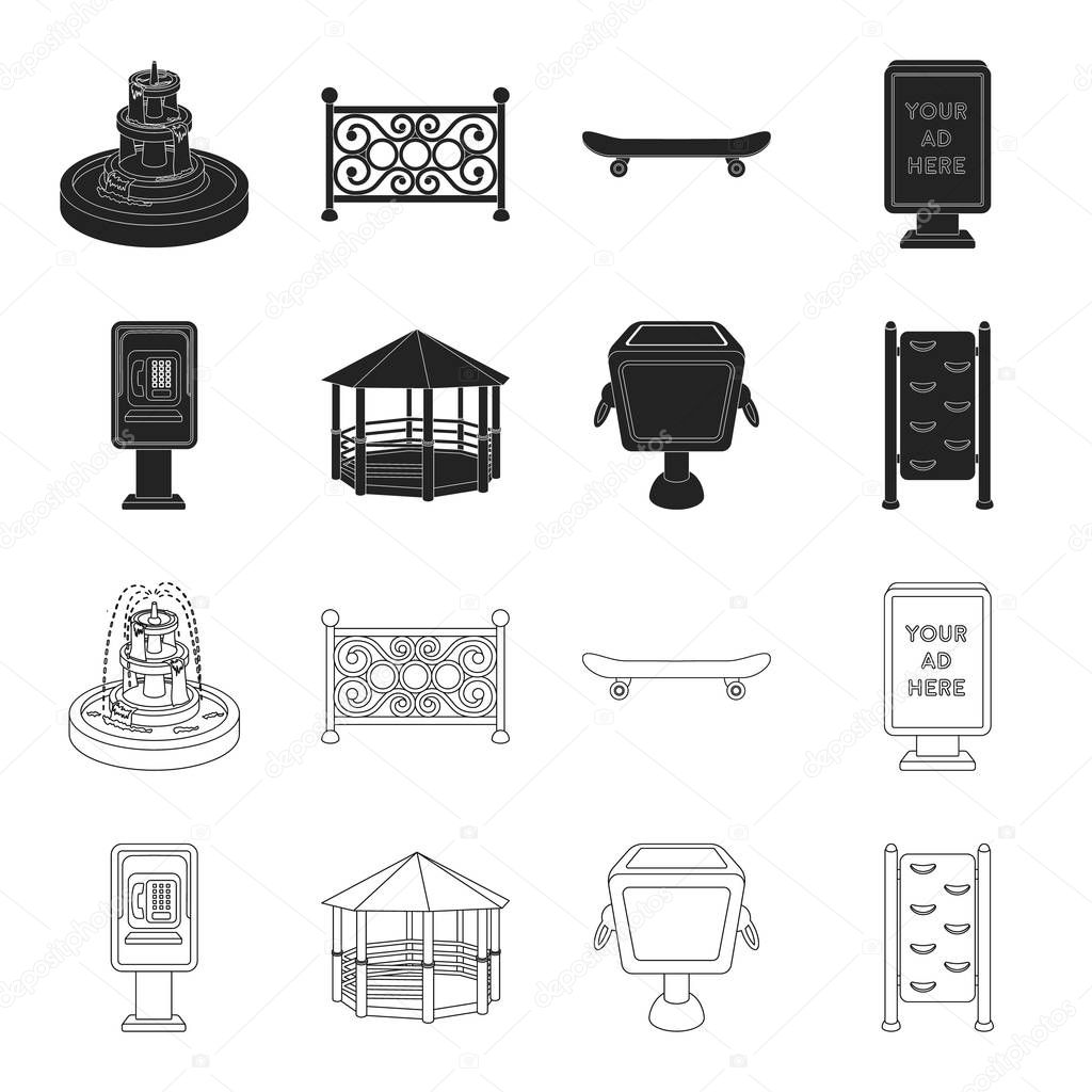 Telephone automatic, gazebo, garbage can, wall for children. Park set collection icons in black,outline style vector symbol stock illustration .