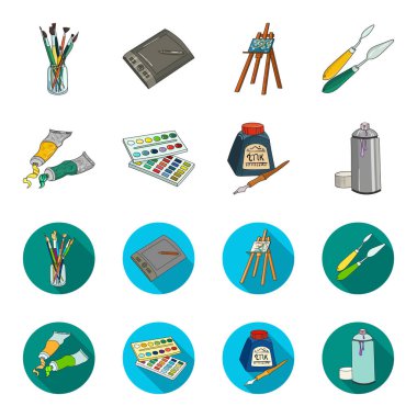 Balonchik boyalar, boya, sulu boya bir kutu içinde tüplerini mürekkep bir şişe ve bir kalem. Sanatçı ve çizgi film, düz stil vektör simge stok çizim web çizim küme koleksiyon simgeler.