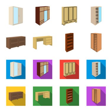 İle mezzanines ile raf ayna, dolap, dolap. Yatak Odası Mobilya toplama simgeler çizgi film, düz stil vektör simge stok çizim web ayarla..
