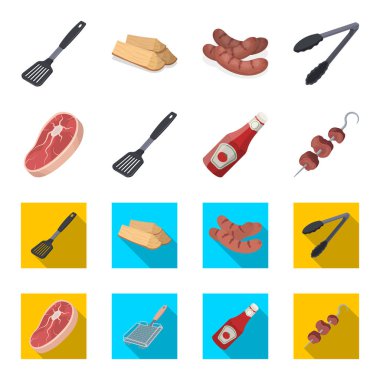 Çiğ et biftek, saplı ızgara, şişe ketçap, şiş kebap. Barbekü toplama simgeler çizgi film, düz stil vektör simge stok çizim web ayarla..
