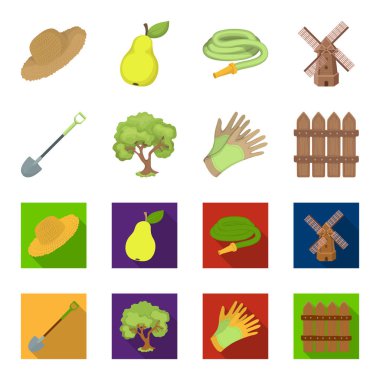 Bir çiftlikte, ahşap bir çit çalışmak için bir kürekle bir kolu, bahçede bir ağaç, eldiven. Çiftlik ve çizgi film, düz stil vektör simge stok çizim web Bahçe küme koleksiyon simgeler.