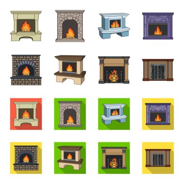 Yangın, sıcaklık ve konfor. Şömine toplama simgeler çizgi film, düz stil vektör simge stok çizim web ayarla..