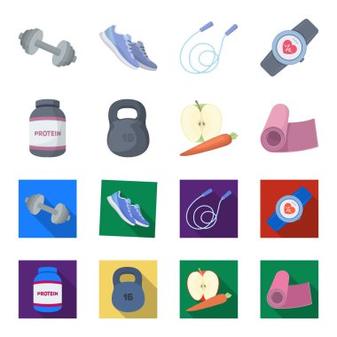 Protein, vitamin ve diğer ekipman eğitim için. Spor ve egzersiz çizgi film, düz stil vektör simge stok çizim web simgeler ayarla.