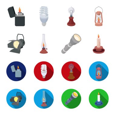 Projektör, gaz lambası, mum, el feneri. Çizgi film, düz stil vektör simge stok çizim web simgeler ışık kaynağı ayarla.