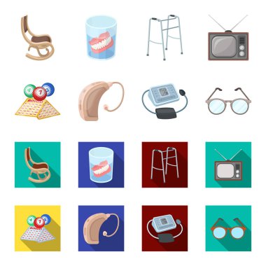 Piyango, işitme yardım, tonometer, gözlük. Yaşlılık toplama simgeler çizgi film, düz stil vektör simge stok çizim web ayarla..