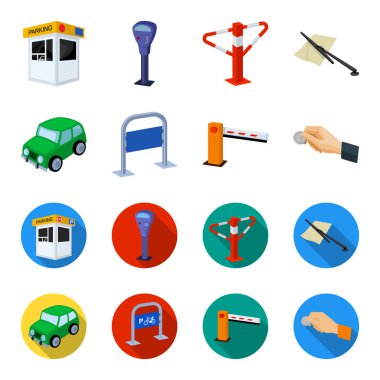 Araban, bariyer, Bisiklet park yeri, para el için ödeme Park. Buraya park edilmez toplama simgeler çizgi film, düz stil vektör simge stok çizim web ayarla..