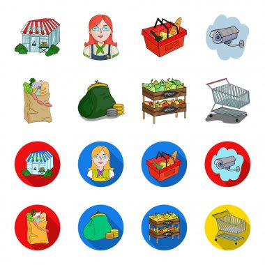 Sosis, meyve, sepeti. Süpermarket toplama simgeler çizgi film, düz stil vektör simge stok çizim web ayarla..