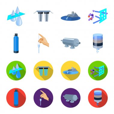 Arıtma, su, filtre, filtrasyon. Su filtrasyon sistemi toplama simgeler çizgi film, düz stil vektör simge stok çizim web ayarla..