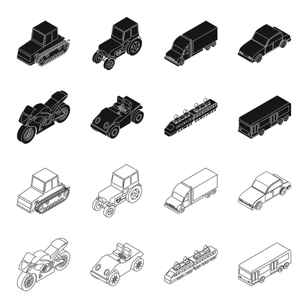 Motorrad, Golfwagen, Zug, Bus. Transport Set Sammlung Symbole in schwarz, Umriss Stil Vektor Symbol Stock Illustration Web. — Stockvektor