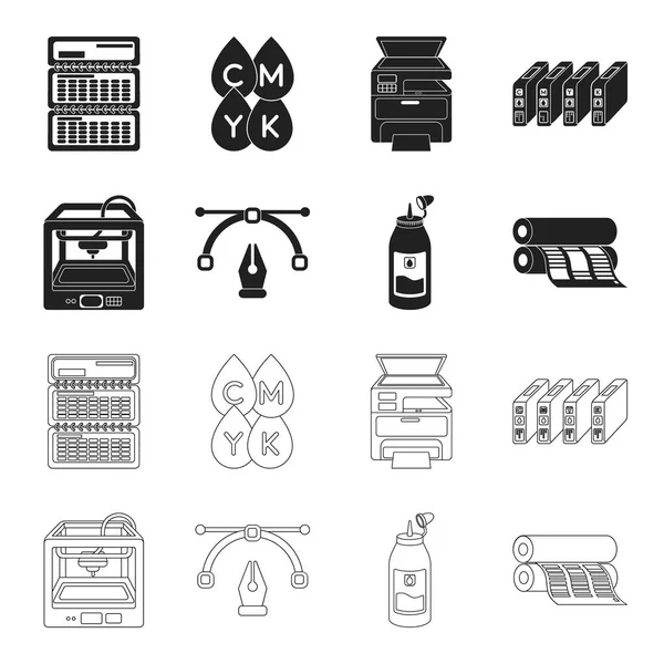 Imprimante 3D, imprimante de journal, encre, stylo. Typographie set collection icônes en noir, contour style vectoriel symbole illustration web . — Image vectorielle