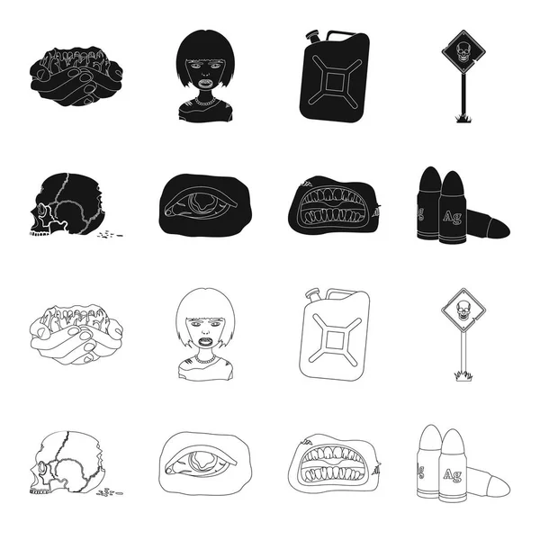Zombik és attribútumok fekete, vázlat ikonok beállítása gyűjtemény a design. Halott ember vektor szimbólum állomány honlap illusztráció. — Stock Vector
