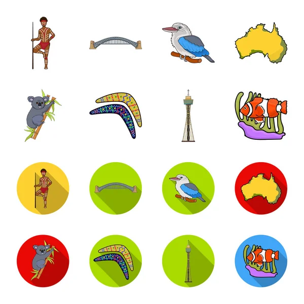 Koala na bambus, bumerang, Sydney tower, clown ryb i amonu. Australia zestaw kolekcji ikon w kreskówce, www ilustracji symbol wektor płaski. — Wektor stockowy