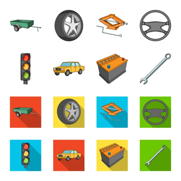 Trafikljus, gammal bil, batteri, skiftnyckel, bil som samling ikoner i tecknad, platt stil vektor symbol stock illustration web. — Stock vektor