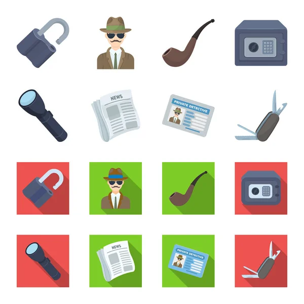 Linterna, periódico con noticias, certificado, cuchillo plegable.Detective conjunto de iconos de la colección en la historieta, el estilo plano vector símbolo stock ilustración web . — Vector de stock