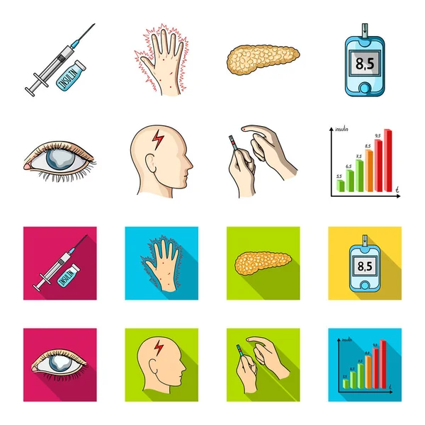 Dålig syn, huvudvärk, glukos test, insulin beroende. Diabetiker som samling ikoner i tecknad, platt stil vektor symbol stock illustration web. — Stock vektor