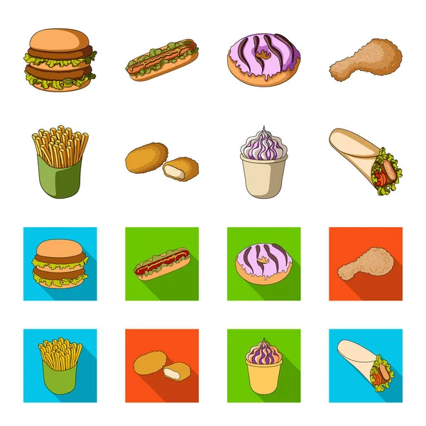 Mat, förfriskningar, snacks och andra web-ikonen i tecknad, platt stil. Förpackningar, papper, potatis ikoner i set samling. — Stock vektor