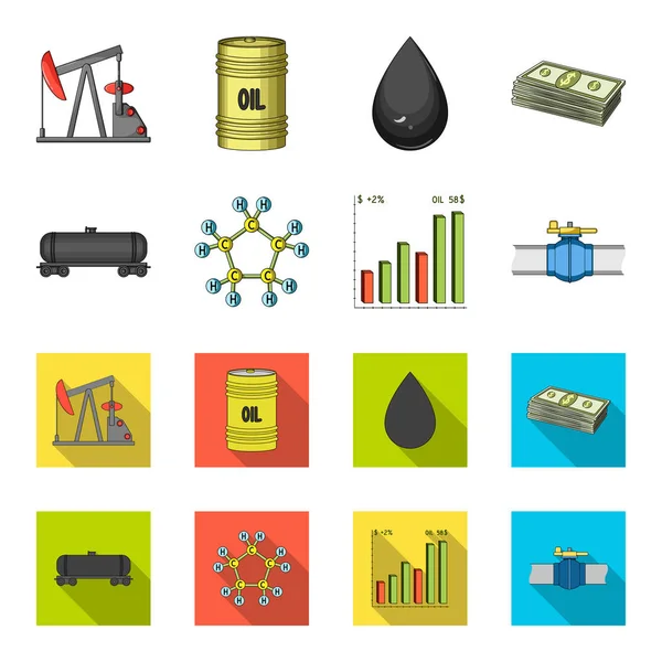 Eisenbahntank, chemische Formel, Ölpreisdiagramm, Pipeline-Ventil. Öl Set Sammlung Symbole in Cartoon, flachen Stil Vektor Symbol Stock Illustration Web. — Stockvektor
