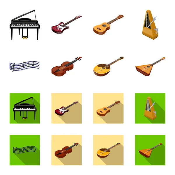 Desenhos animados de instrumentos musicais, ícones planos em coleção de conjuntos para design. Instrumento de corda e vento isométrico vetor símbolo web ilustração . — Vetor de Stock