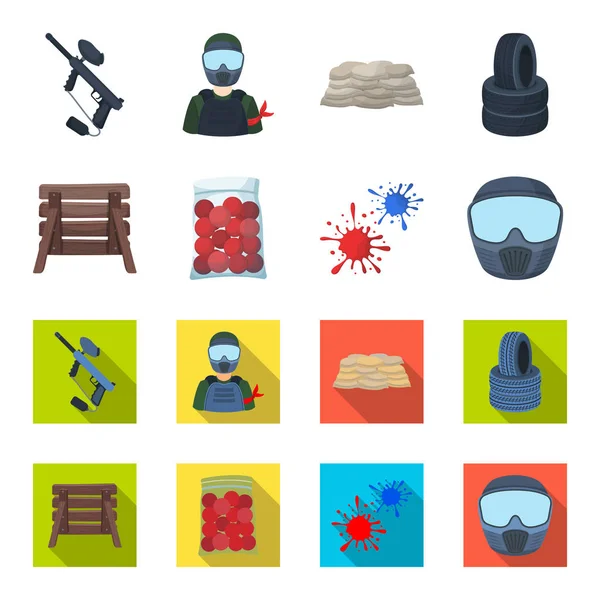 Barricada de madera, máscara protectora y otros accesorios. Paintball único icono en la historieta, estilo plano vector símbolo stock ilustración web . — Vector de stock