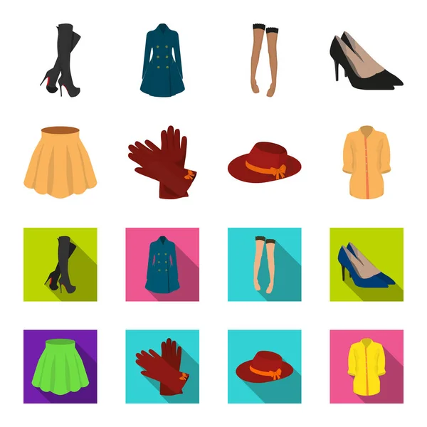 Φούστα με πτυχώσεις, γυναίκες καπέλο με ένα τόξο, δερμάτινα γάντια, πουκάμισο της βίδας. Γυναικεία ρούχα συλλογή εικόνες που σε καρτουν, επίπεδη στυλ διάνυσμα σύμβολο μετοχής εικονογράφηση web. — Διανυσματικό Αρχείο