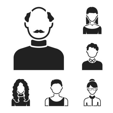 Set koleksiyonu tasarım için simgeler siyah avatar ve yüz. Bir kişi görünümü vektör simge stok web çizim.