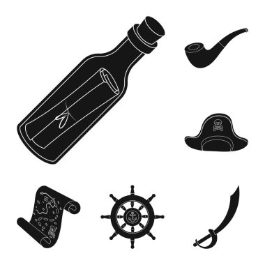 Korsan, deniz soyguncu siyah simgeler set koleksiyonu tasarım için. Hazineler, öznitelikleri sembol stok web illüstrasyon vektör.