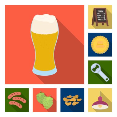 Pub, iç ve ekipman düz simgeler set koleksiyonu tasarım için. Alkol ve yiyecek sembol stok web illüstrasyon vektör.