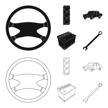 Trafik ışığı, eski bir araba, pil, İngiliz anahtarı, araba ayarlamak toplama simgeler siyah, anahat stili vektör simge stok çizim web içinde.