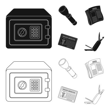 El feneri, gazete haberleri, sertifika, katlama bıçak ile. Dedektif toplama simgeler siyah, anahat stili vektör simge stok çizim web içinde ayarla..