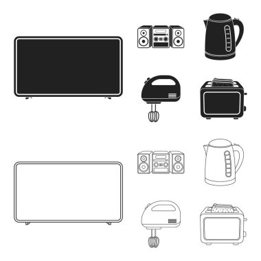 Elektrikli su ısıtıcısı, Müzik Merkezi, Mikser, ekmek kızartma makinesi. Ev toplama simgeler siyah, anahat stili vektör simge stok çizim web içinde ayarla..