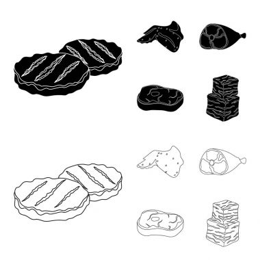 Tavuk kanatları, jambon, çiğ biftek, biftek küpleri. Et toplama simgeler siyah, anahat stili vektör simge stok çizim web içinde ayarla..