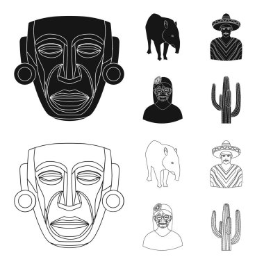 Tapir Meksika hayvan, panço, bir çiçek, bir kaktüs bir kadınla Ulusal giysileri içinde bir Meksikalı. Meksika ülke toplama simgeler siyah, anahat stili vektör simge stok çizim web içinde ayarla..