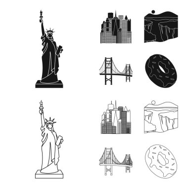 Bir megacity, Büyük Kanyon, golden gate Köprüsü, çörek çikolata ile. ABD ülke küme toplama simgeler siyah, anahat stili vektör simge stok çizim web içinde.