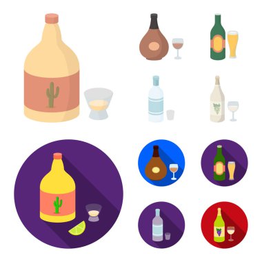 Tekila, konyak, bira, votka. Alkol toplama simgeler çizgi film, düz stil vektör simge stok çizim web ayarla..