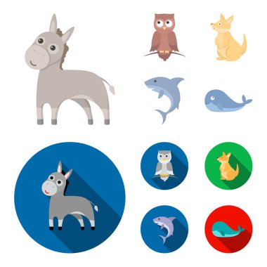 Eşek, baykuş, kanguru, köpekbalığı. Hayvan toplama simgeler çizgi film, düz stil vektör simge stok çizim web ayarla..