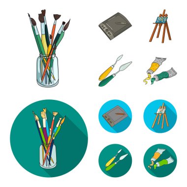 Fırçalar, bir çizim kurulu, bir tuval, boya bıçak ile bir şövale bankayla. Sanatçı ve çizgi film, düz stil vektör simge stok çizim web çizim küme koleksiyon simgeler.